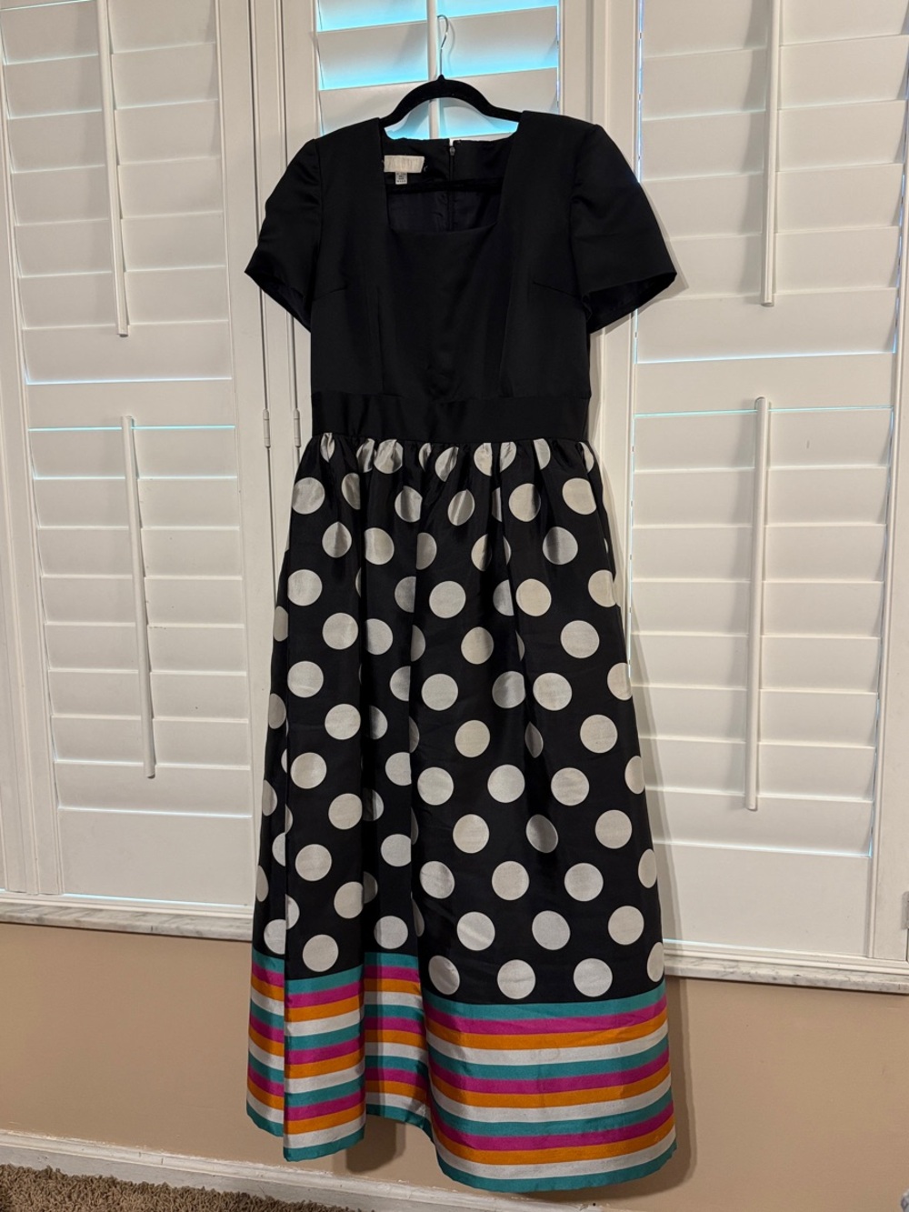 Vintage Couture Fiandaca Black Polka Dot Gown with Colorful Stripe Hem